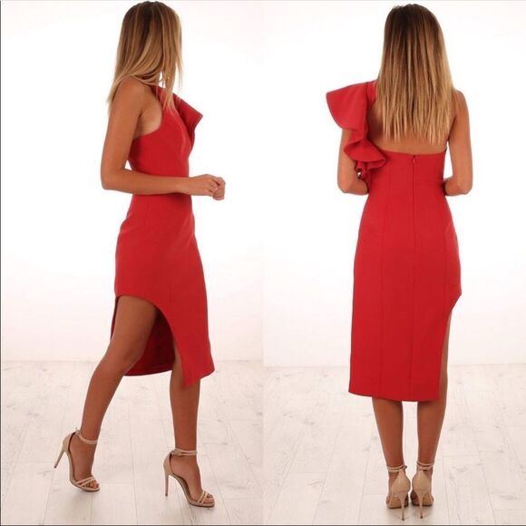 C\MEO Collective Red One Shoulder Fitted Midi Dress Thigh Slit Cocktail XS New - Picture 3 of 16